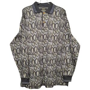 Bachrach Mens Long Sleeve Polo Shirt Geometric Pattern Button Neck Casual Top L